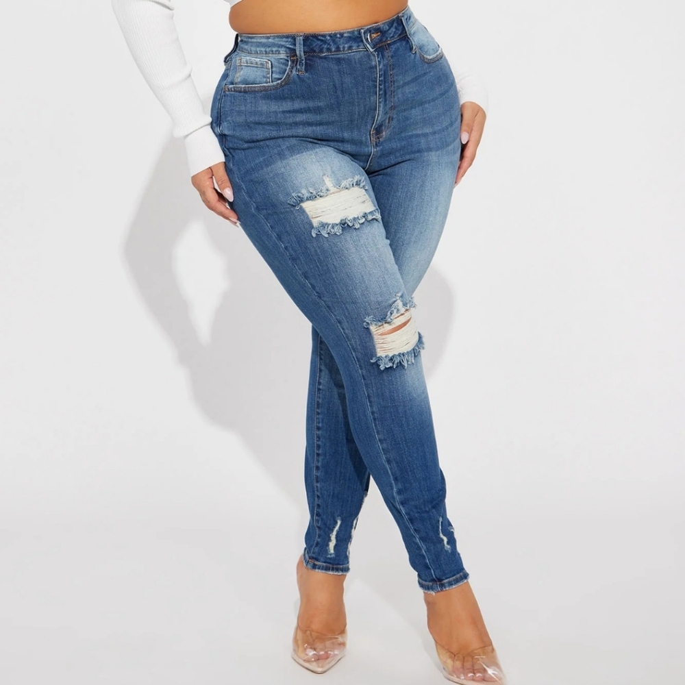 Fashion Nova 3XL Distressed Skinny Jeans High Rise Stretch Blue Ripped Denim
